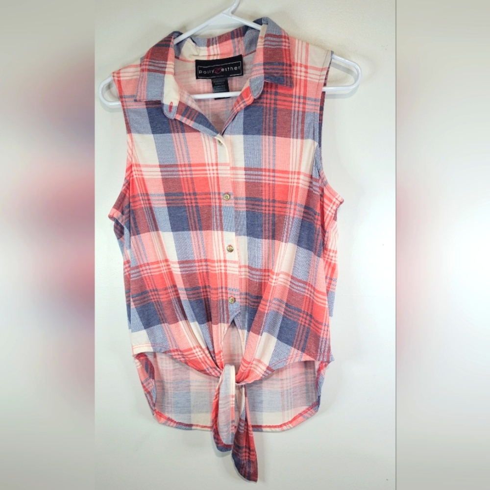 Polly Esther Juniors Printed Tie Front Top Blue Red Plaid Size XL.